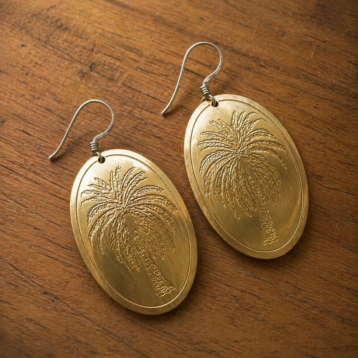Etched Brass Metal Earrings - Palm Tree