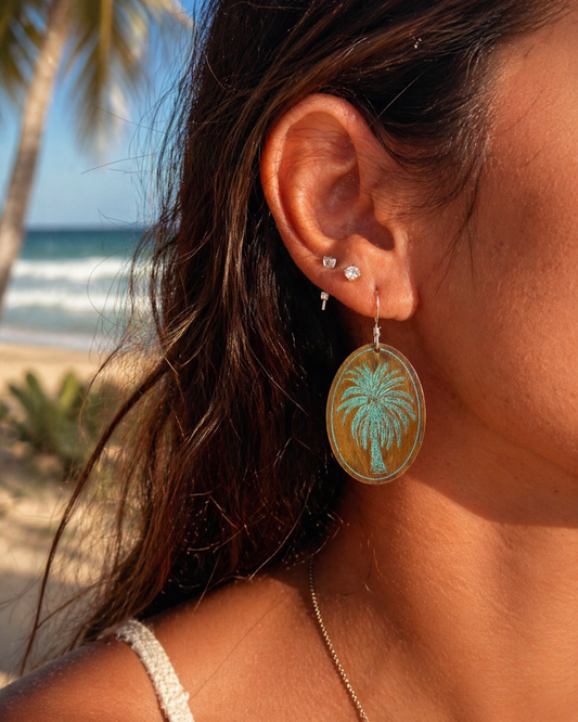 Etched Brass Metal Earrings - Palm Tree