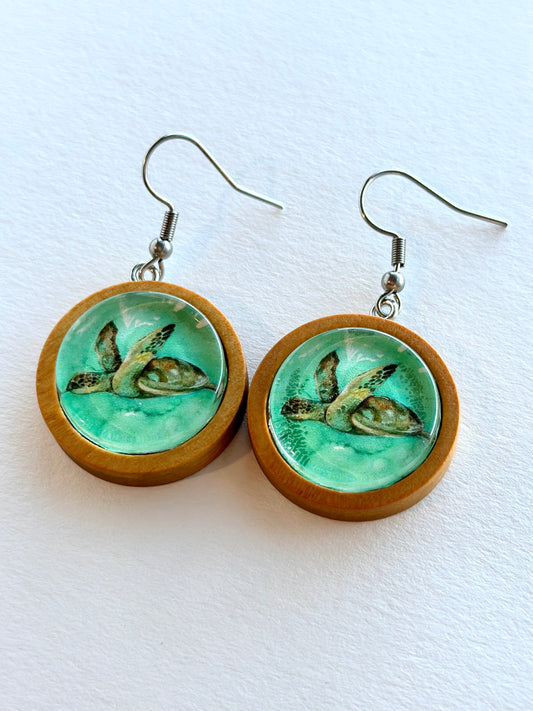 Glass Drop Earring - Sea Turtle Light Wood