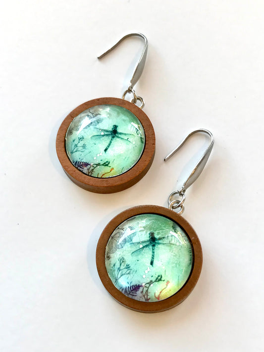 Glass Drop Earring - Ocean Dragonfly Dark Wood