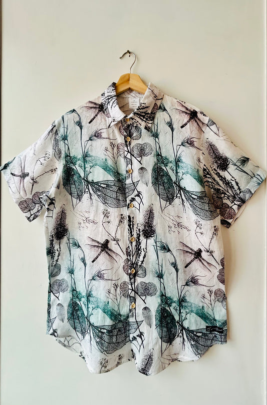 Linen Black and White Dragonfly Shirt