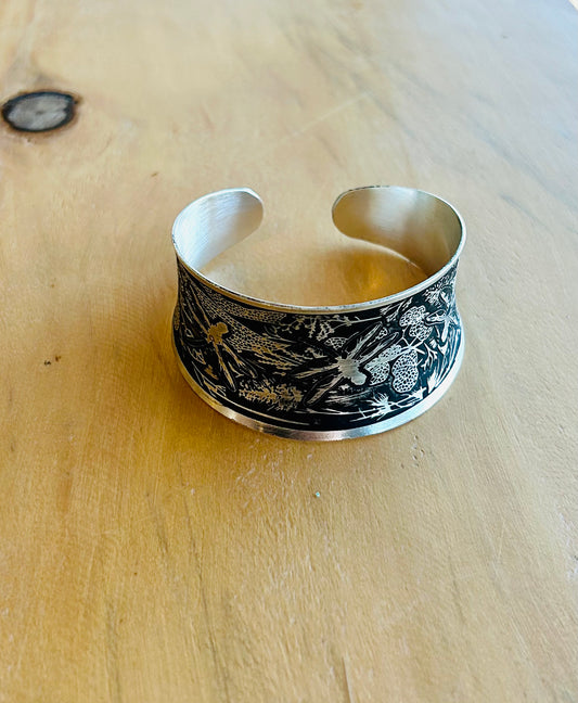 Etched Silver Brass Dragonfly Cuff