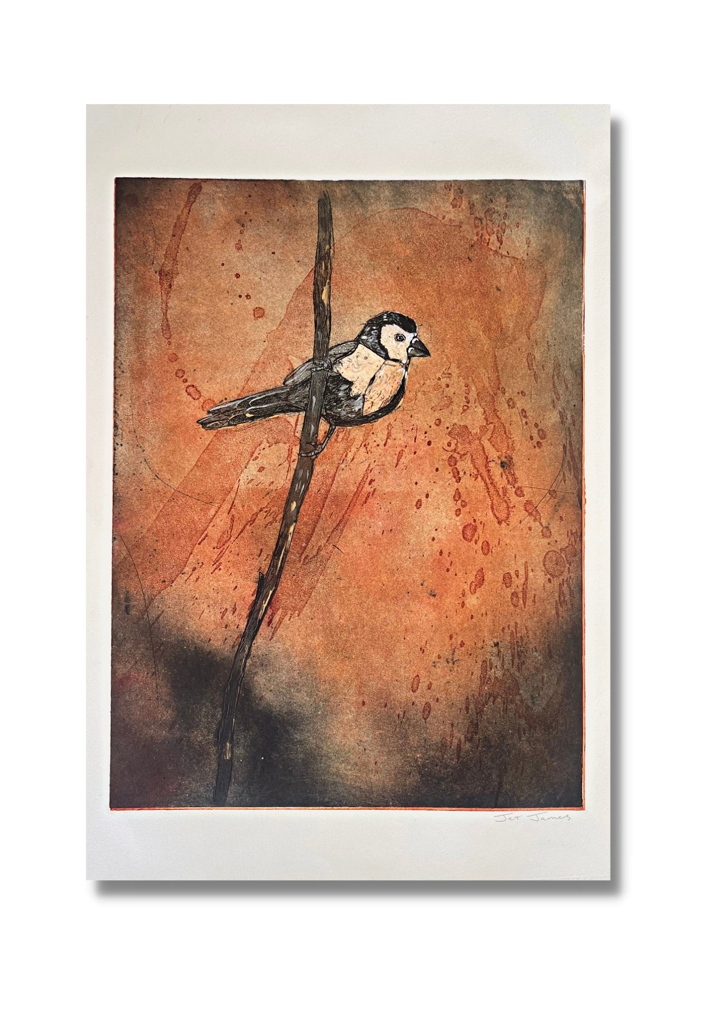 Finch 3 (Red)" Original Collagraph Artwork