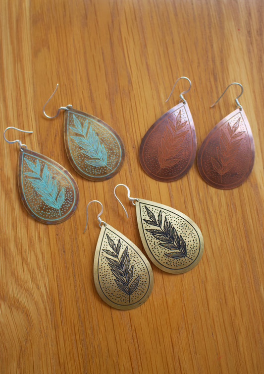 Etched Brass Metal Earrings - Byfield Fern Teardrop
