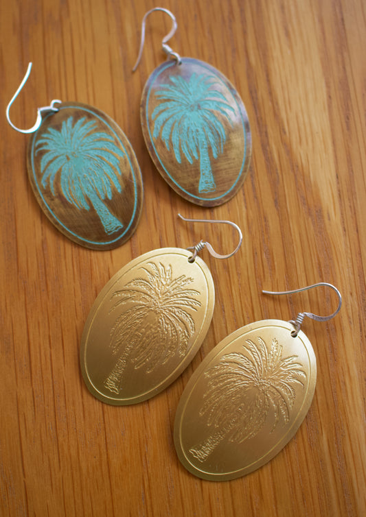 Etched Brass Metal Earrings - Palm Tree