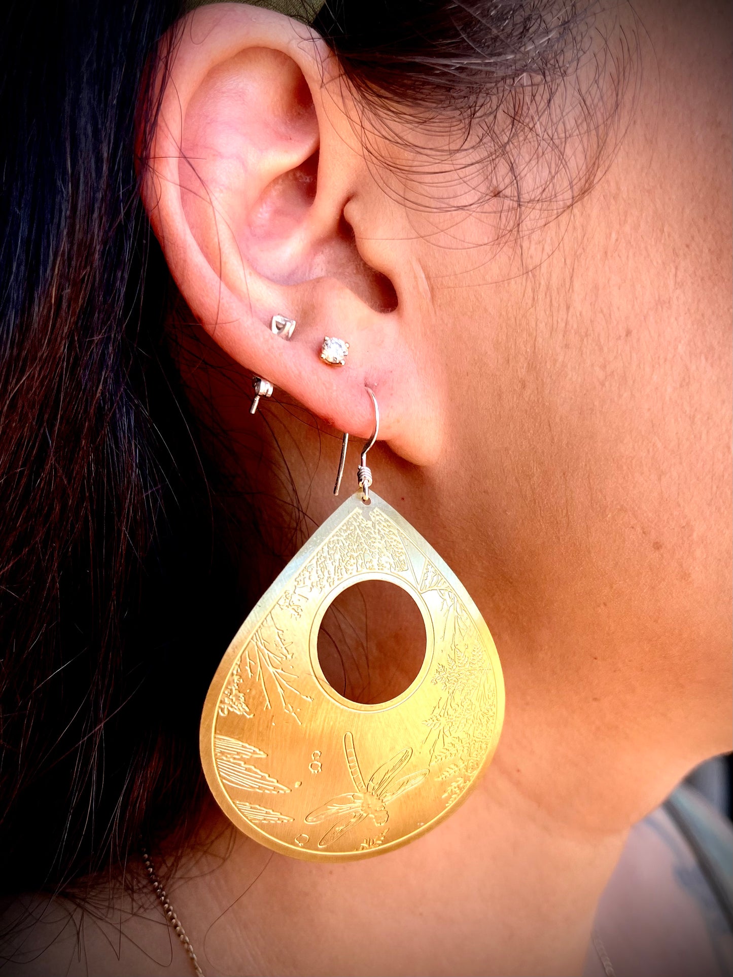 Etched Brass Metal Earrings - Large Dragonfly