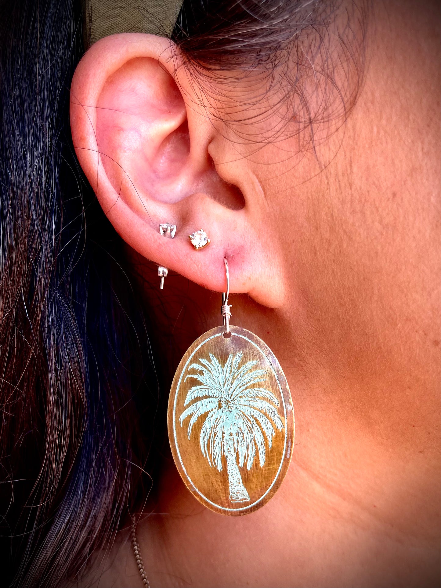 Etched Brass Metal Earrings - Palm Tree