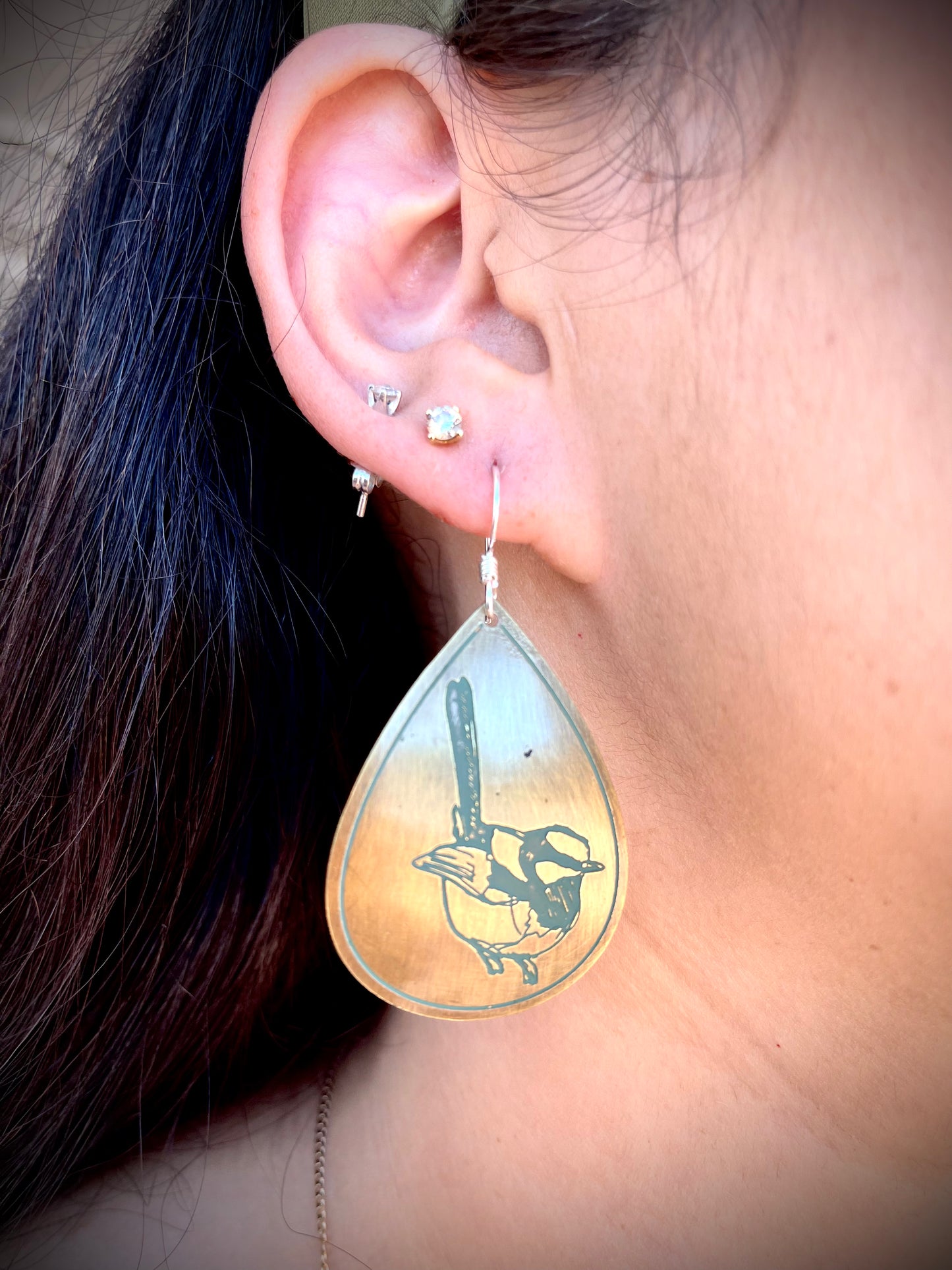 Etched Brass Metal Earrings - Blue Wren