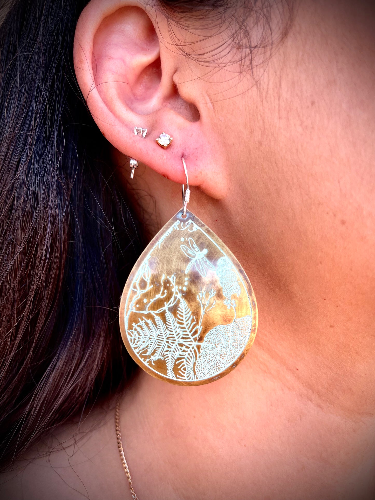 Etched Brass Metal Earrings - Medium Dragonfly