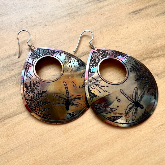 Etched Brass Metal Earrings - Large Dragonfly