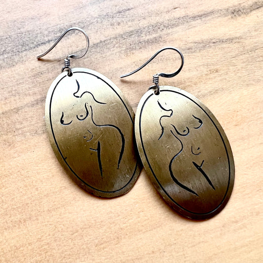 Etched Brass Metal Earrings - Female Form