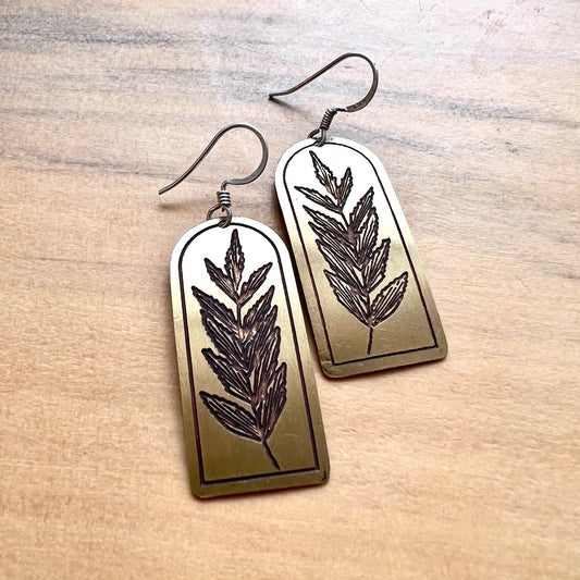 Etched Brass Metal Earrings - Byfield Fern Rectangle