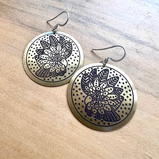 Etched Brass Metal Earrings - Mystic Cockatoo