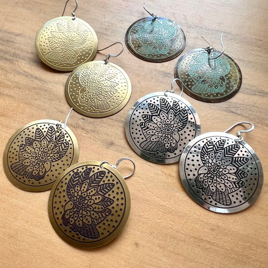 Etched Brass Metal Earrings - Mystic Cockatoo