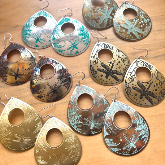 Etched Brass Metal Earrings - Large Dragonfly