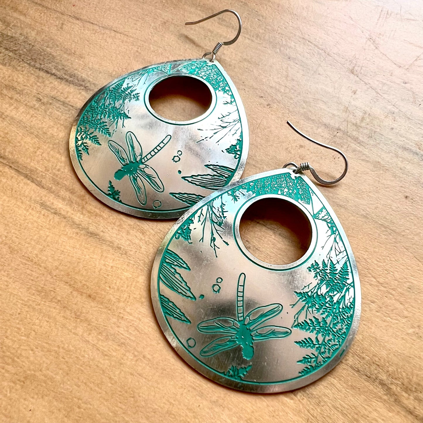 Etched Brass Metal Earrings - Large Dragonfly