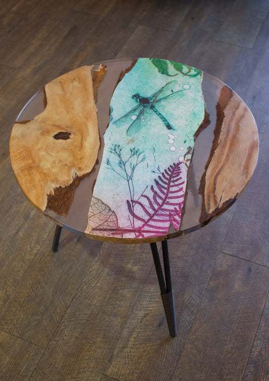 Round Teak Wood and Resin Coffee Table (Ocean Dragonfly)