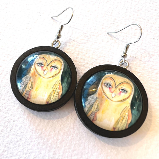 Glass Drop Earring - Owl Black Wood