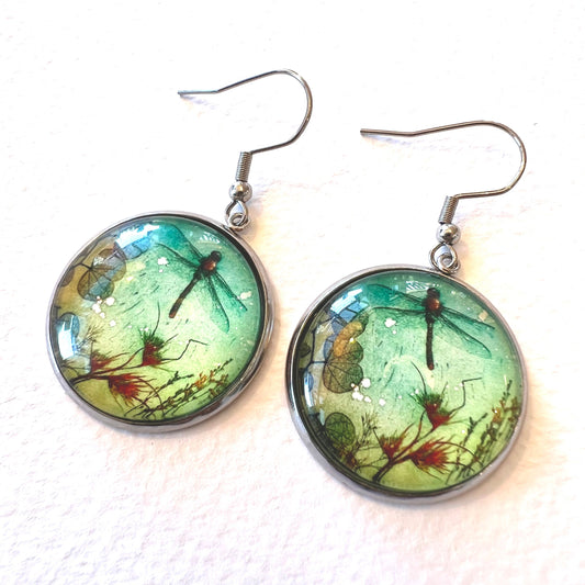 Glass Drop Earring - Water Dragonfly Steel