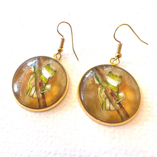 Glass Drop Earring - Green Frog Gold