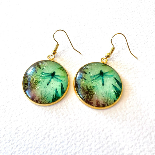 Glass Drop Earring - Byfield Fern Dragonfly Gold