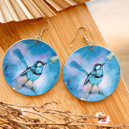 Large Wood Earrings - Blue Wren