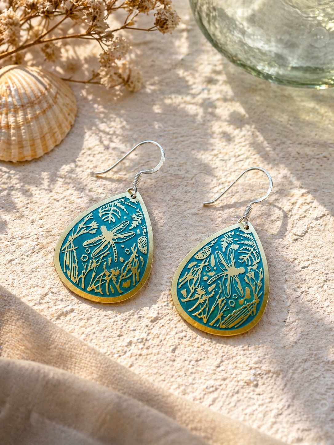 Green Etched Dragonfly Earrings
