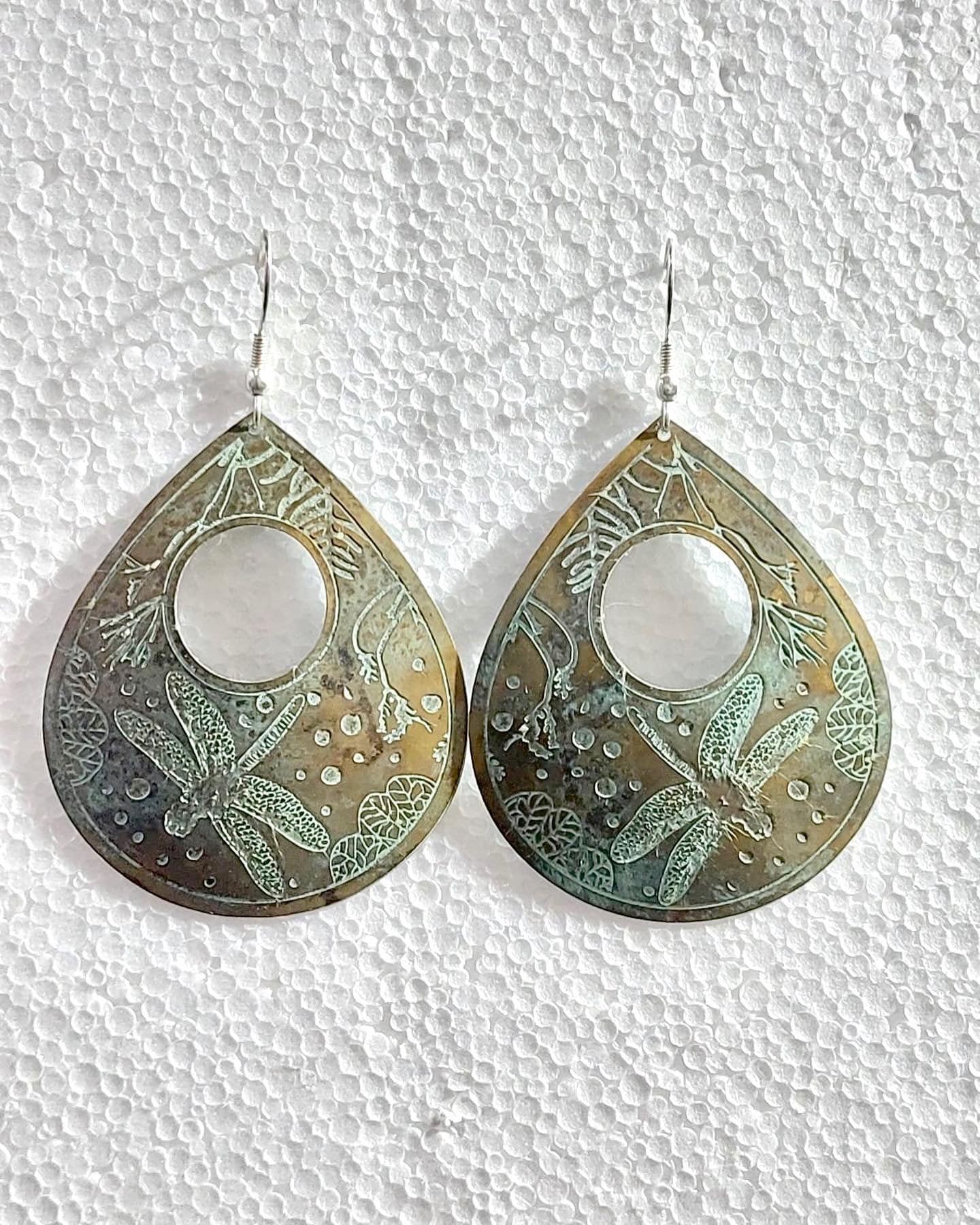 Etched Brass Metal Earrings - Large Dragonfly