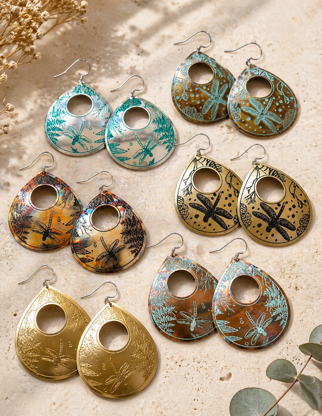 Etched Brass Metal Earrings - Large Dragonfly
