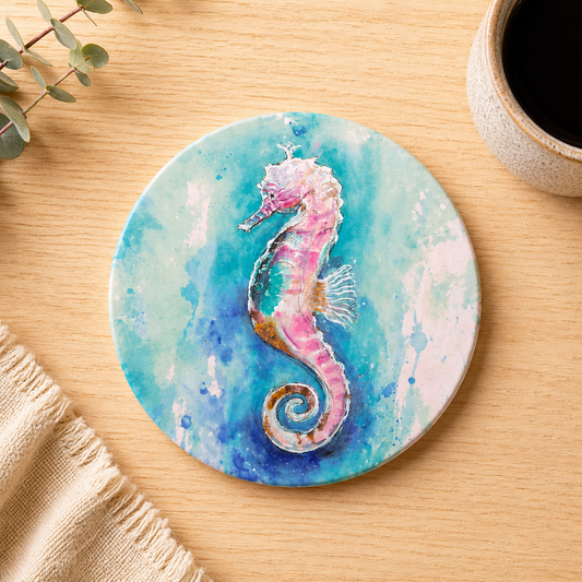 Pink Seahorse Ceramic Coaster