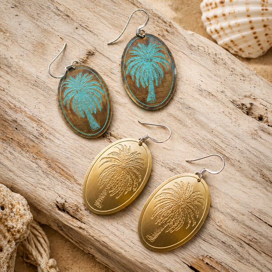 Etched Brass Metal Earrings - Palm Tree