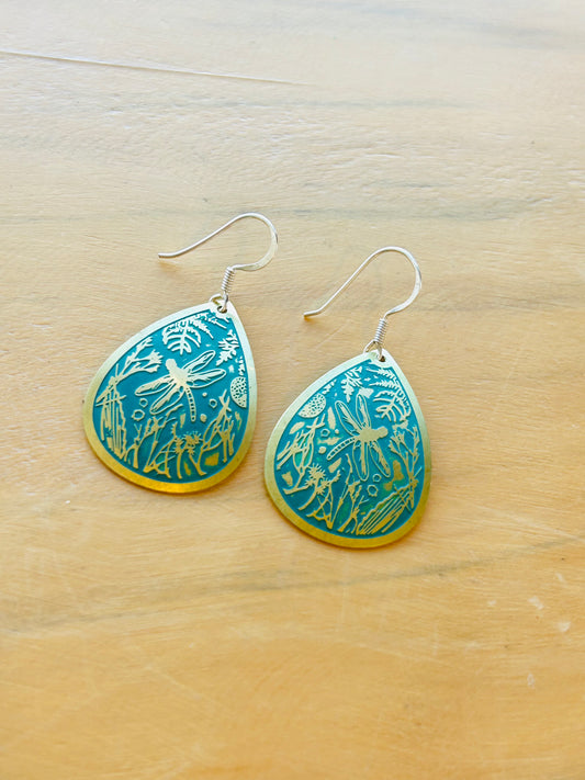 Green Etched Dragonfly Earrings