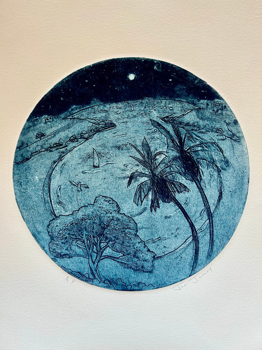 'Porthole to Cooee Bay - Blue' Original Collagraph