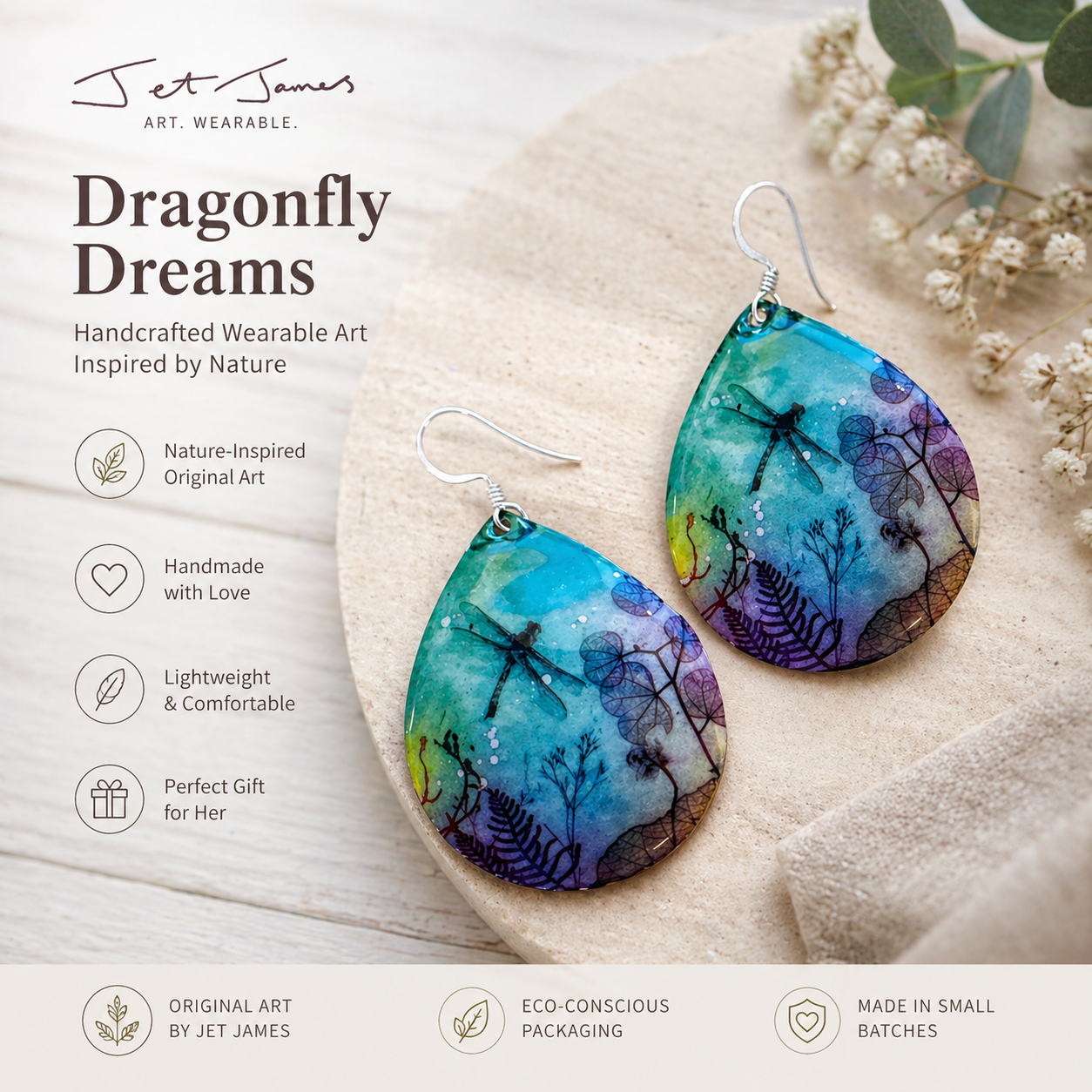 Handmade Metal Earrings - Ocean Dragonfly