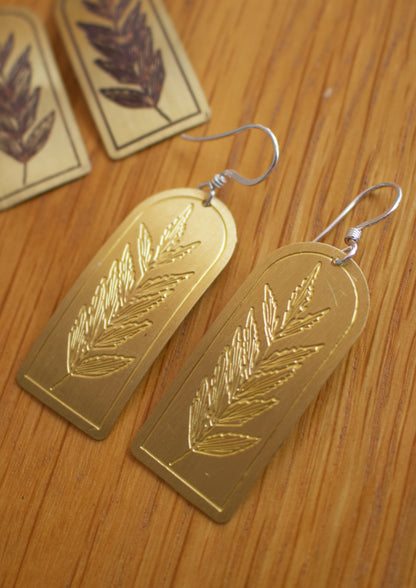 Etched Brass Metal Earrings - Byfield Fern Rectangle