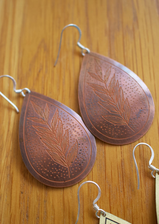 Etched Brass Metal Earrings - Byfield Fern Teardrop