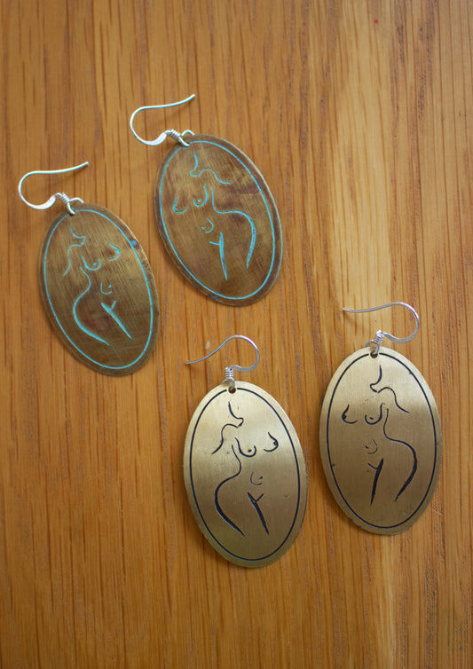 Etched Brass Metal Earrings - Female Form