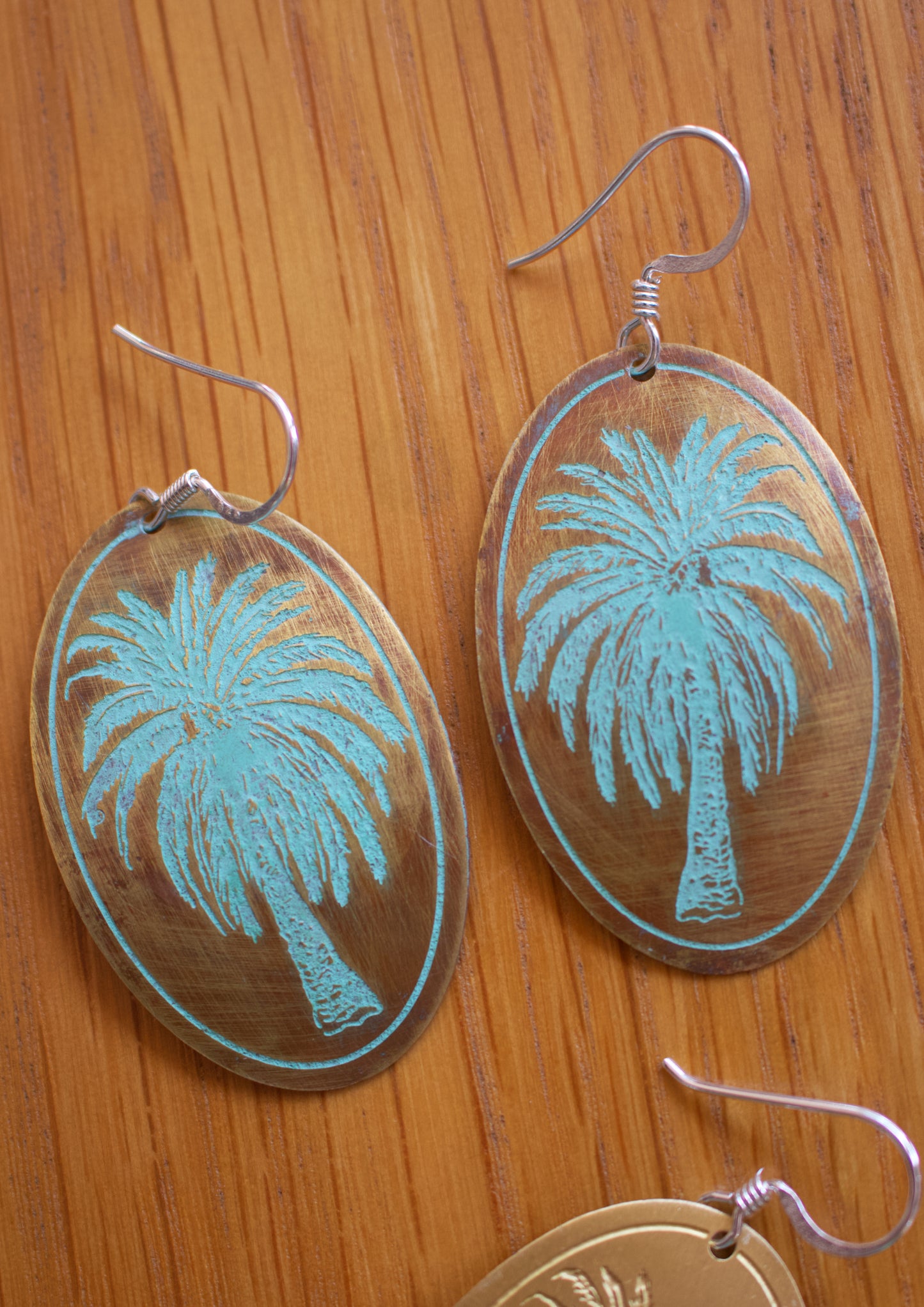 Etched Brass Metal Earrings - Palm Tree
