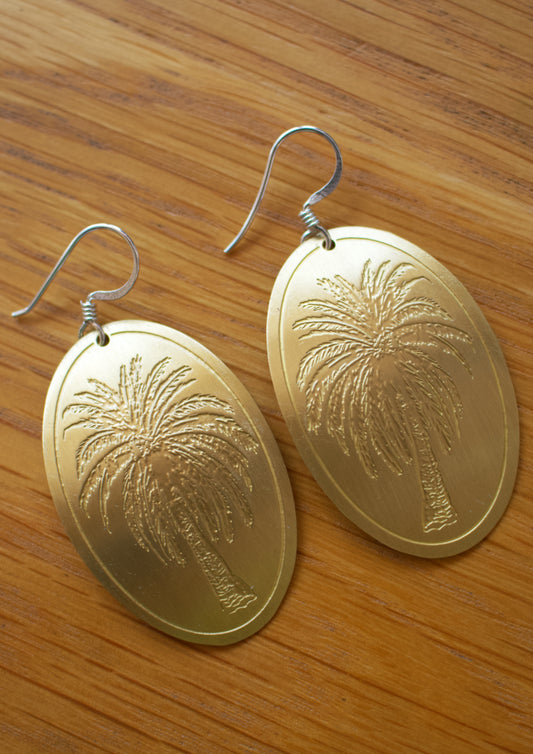 Etched Brass Metal Earrings - Palm Tree