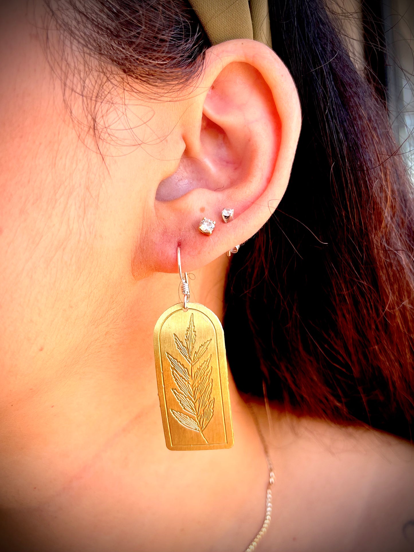 Etched Brass Metal Earrings - Byfield Fern Rectangle