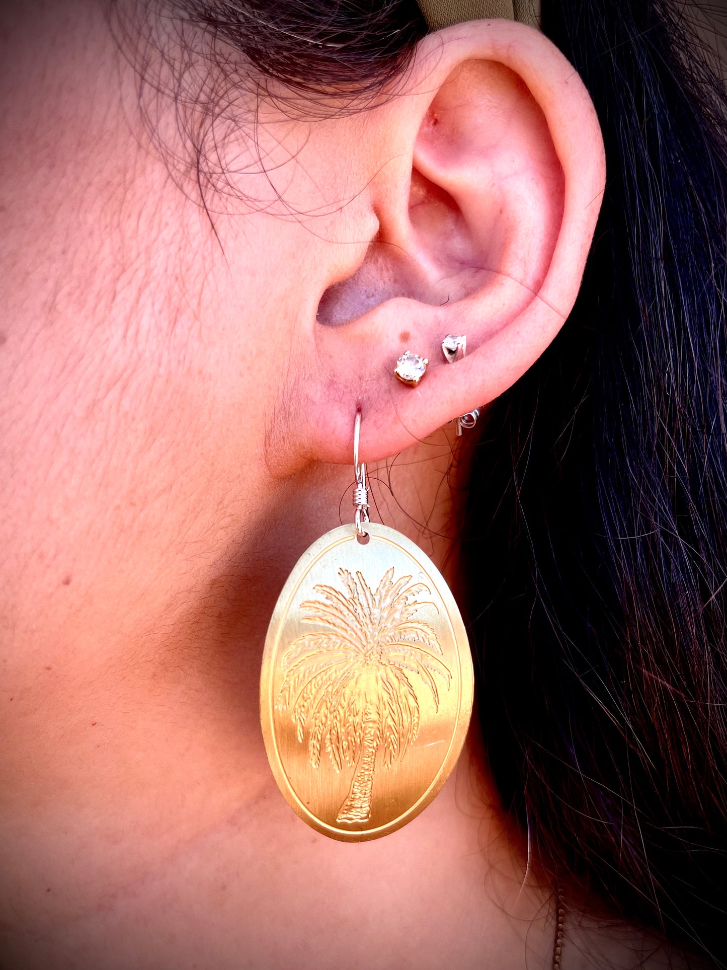Etched Brass Metal Earrings - Palm Tree