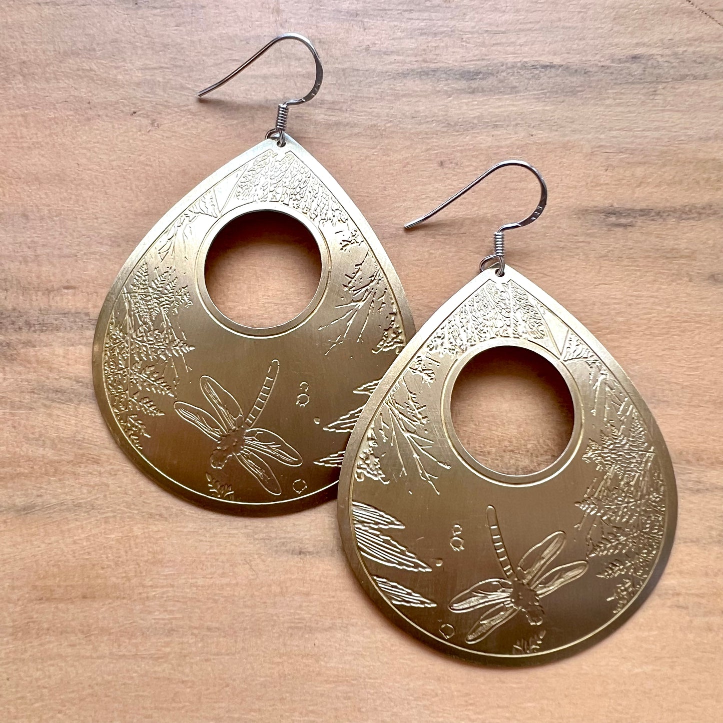 Etched Brass Metal Earrings - Large Dragonfly