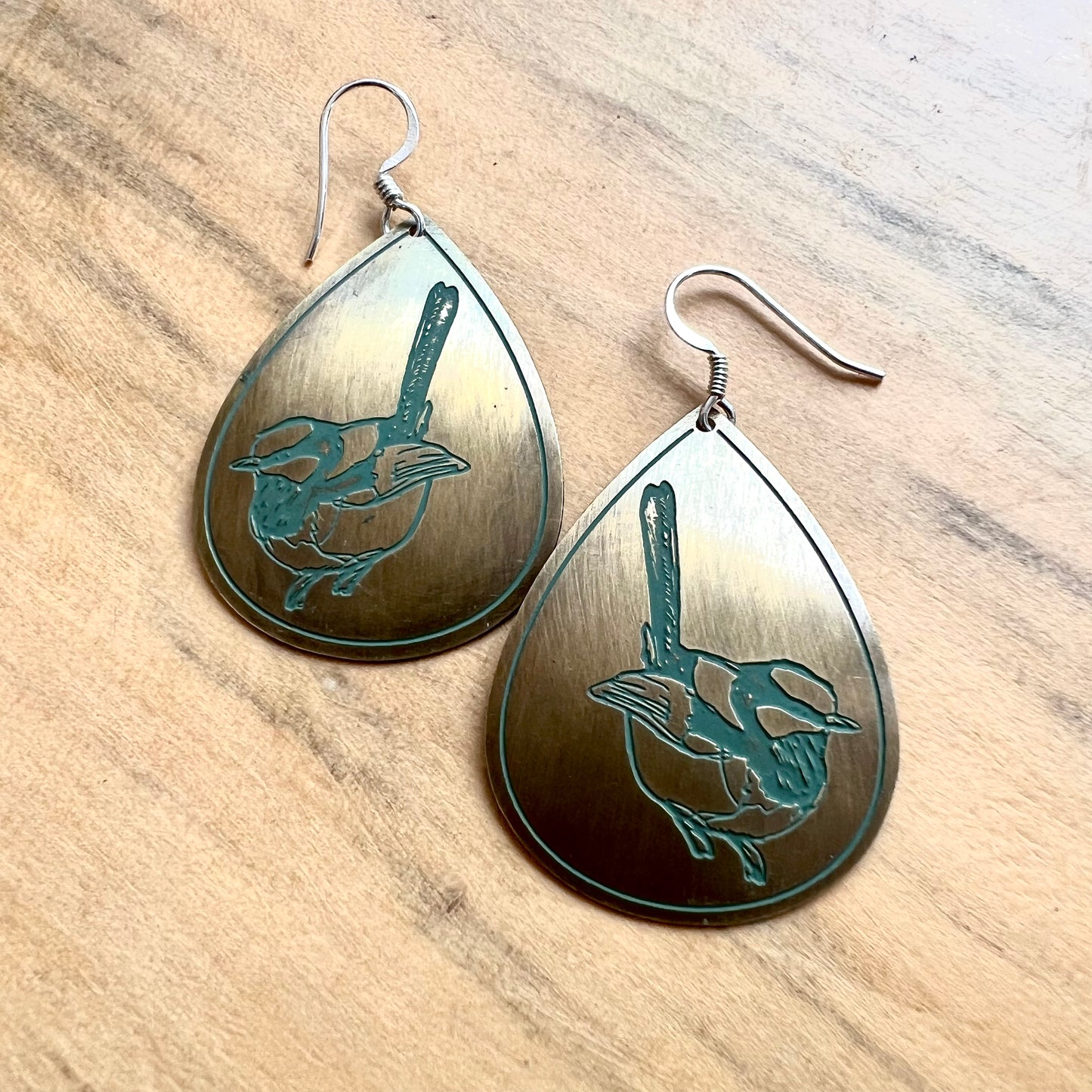 Etched Brass Metal Earrings - Blue Wren