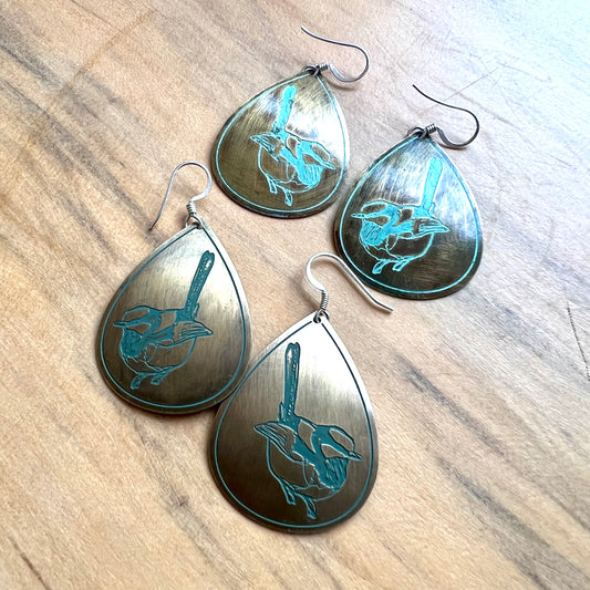 Etched Brass Metal Earrings - Blue Wren
