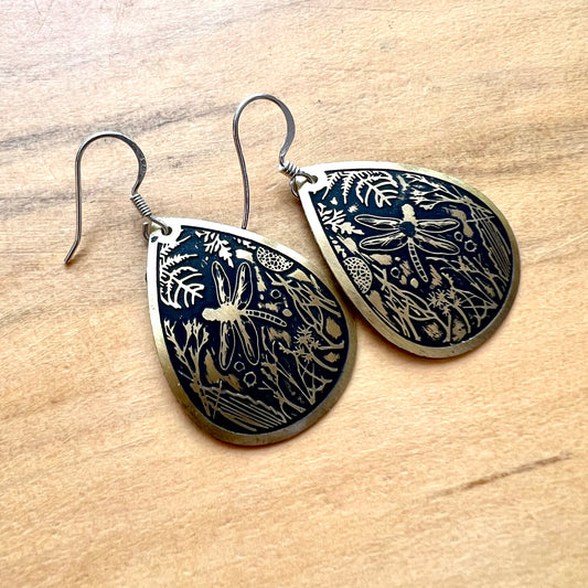 Etched Brass Metal Earrings - Small Dragonfly