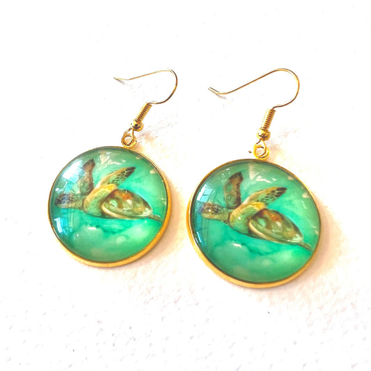 Glass Drop Earring - Green Sea Turtle Gold