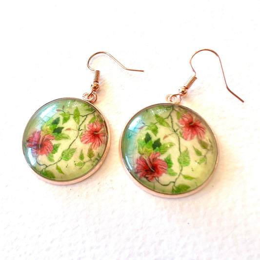 Glass Drop Earring - Dual Hibiscus Rose Gold