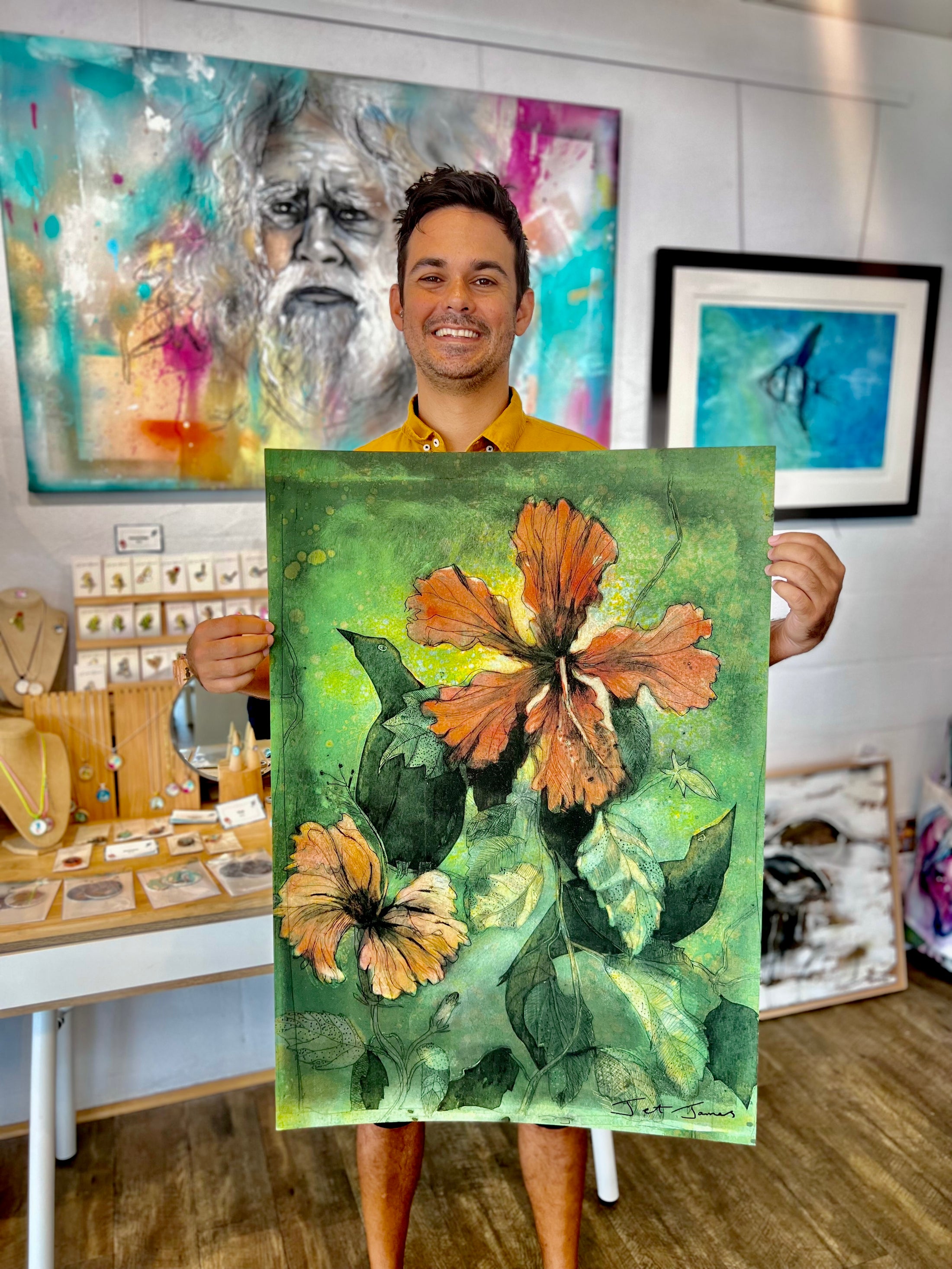 'Birds and the Hibiscus' Fine Art Print by Artist Jet James Jet James
