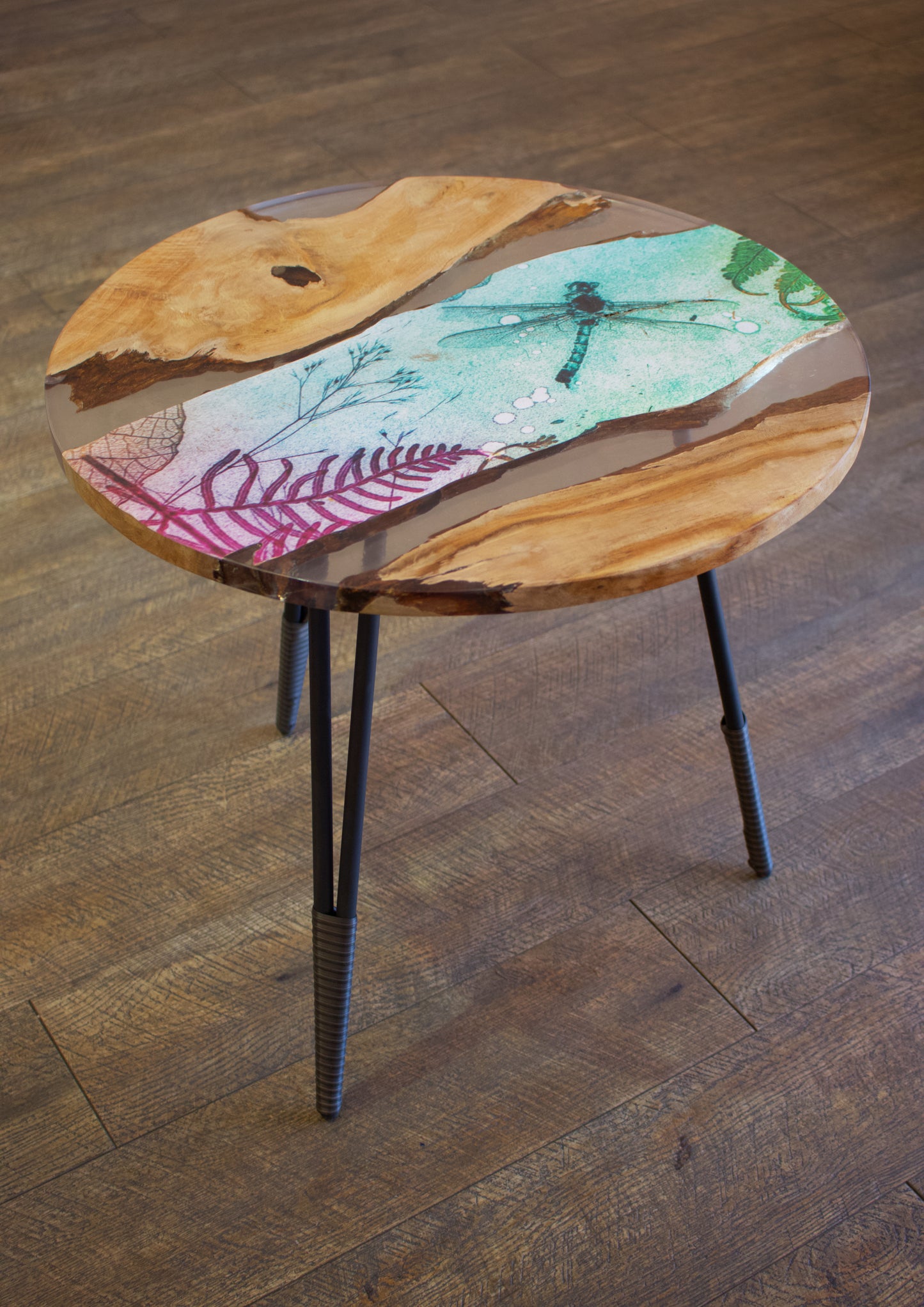 Round Teak Wood and Resin Coffee Table (Ocean Dragonfly)