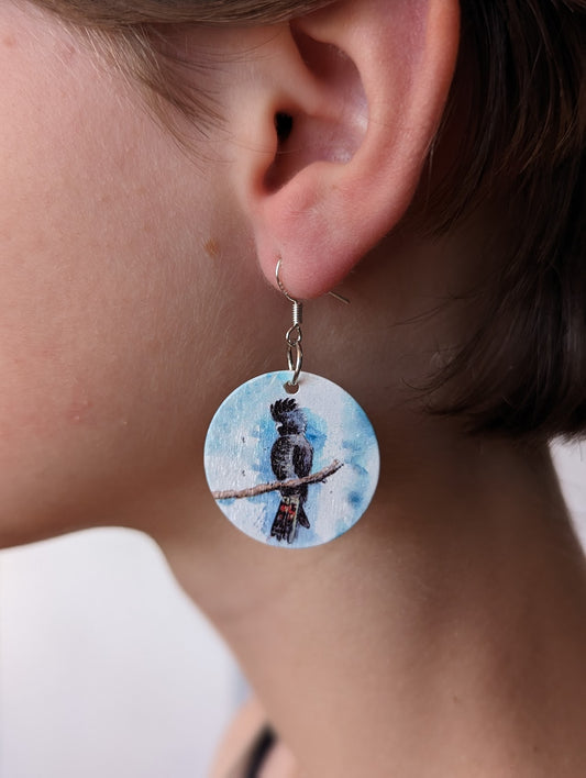 Red Tail Cockatoo -  Wooden Earrings